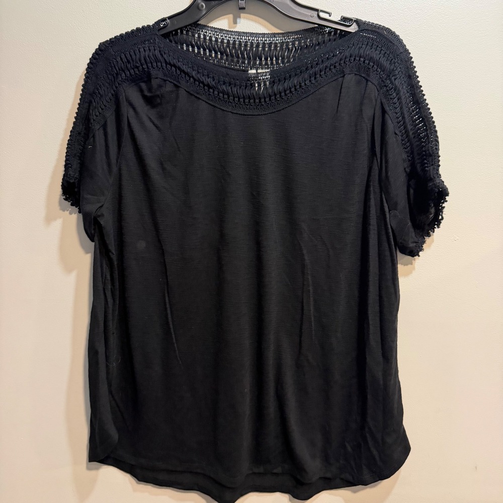 CATO Womens Black Crochet Lace Yoke Short Sleeve Blouse Top Size Large